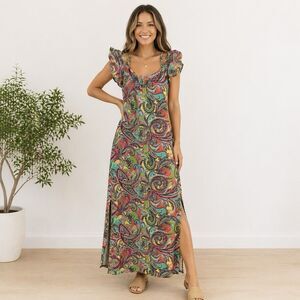 Ivy Lane Paisley Maxi Dress M Colorful Boho Flutter Sleeve Stretch Lightweight